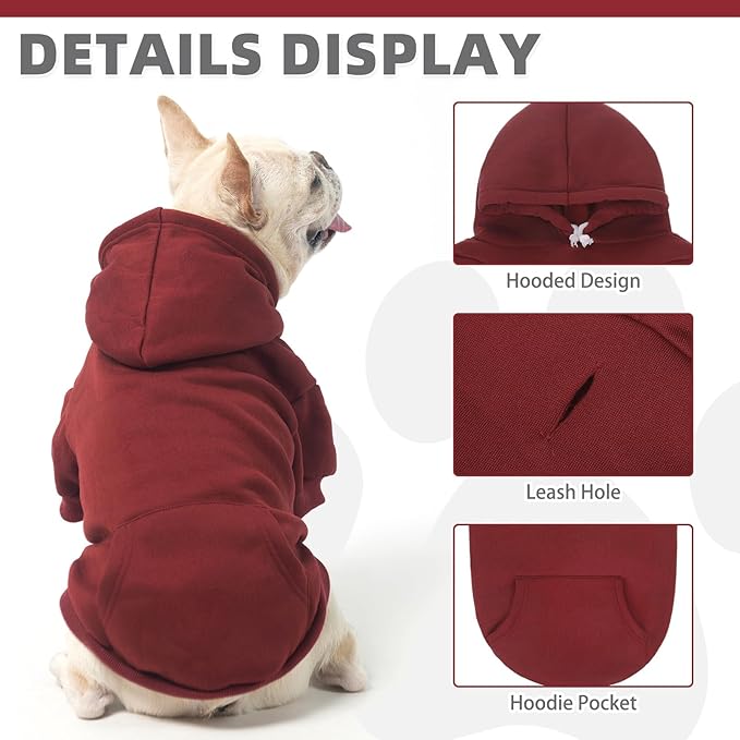 KOOLTAIL Basic Dog Hoodie - Soft and Warm Dog Hoodie Sweater with Leash Hole and Pocket, Dog Winter Coat, Cold Weather Clothes Sweatshirt for Small Medium Large Dogs Puppy Cat Boys Girls Deep Red S