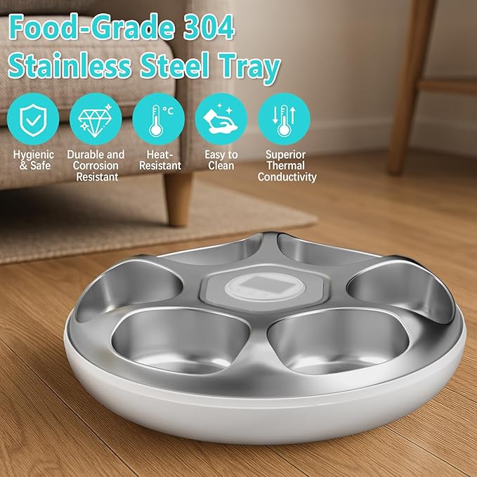 Ownpets Automatic Cat Feeder for Wet Food, with Stainless Steel Tray, 6 Meals Rechargeable Auto Pet Feeder with 2 Ice Packs, Cat Food Dispenser for Cats Small Dogs