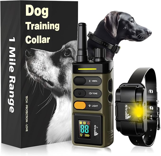 My Pet Command Long Range Dog Training Collar with Remote 1 Mile/5280 Ft Safe Shock, Vibrate, Tone collar with Flashing Beacon Lights Rechargeable Waterproof Dog collar with remote add Up to 2 Collars