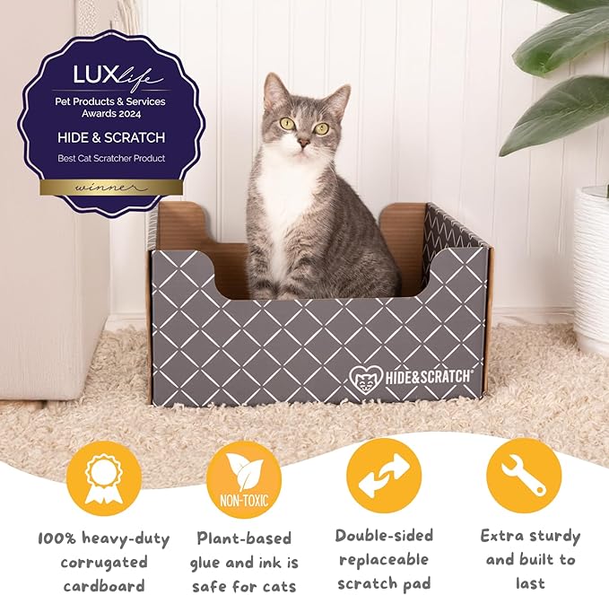 Hide & Scratch Heavy Duty Cardboard Cat Scratcher Box and Cat Bed with Refillable Double-Sided Cardboard Scratch Pad for Indoor Cats (2 Cat Pack (Dark Grey)