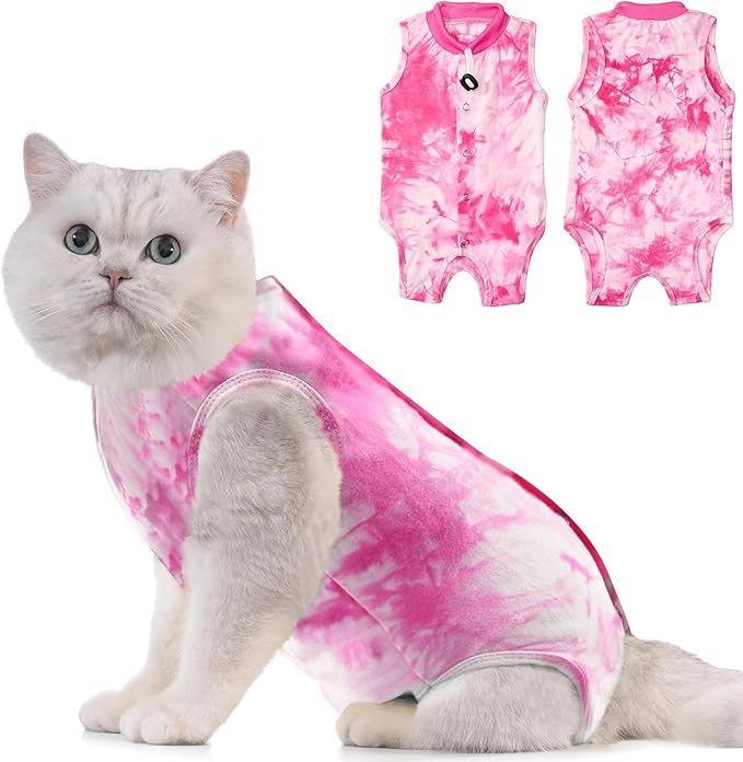 Avont Cat Recovery Suit - Kitten Onesie for Cats After Surgery, Cone of Shame Alternative Surgical Spay Suit for Female Cat, Post-Surgery or Skin Diseases Protection -Tie-dye Pink(S)