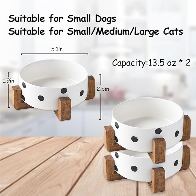 Petygooing Ceramic Dog Bowl Set with Stand, Small Pet Bowls, Anti-Slip Cat & Dog Food and Water Bowl Set (13.5OZ/5.1 in) Black Dot