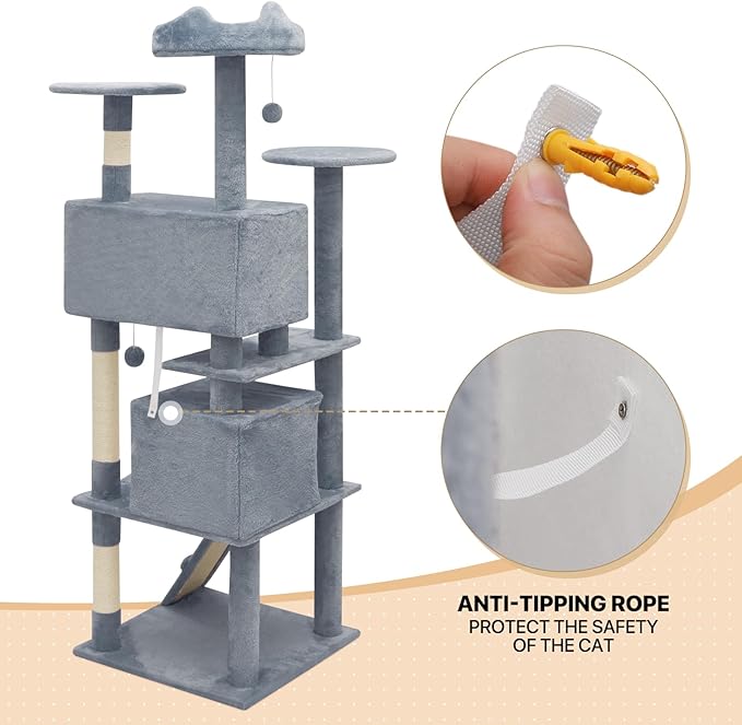 MoNiBloom Cat Tree, 70 Inch Cat Tree Tower with 2 Condo, Tall Cat Tower with Scratching Post, Cat Climbing Tower, Cat Tree for Indoor Cats, Light Grey