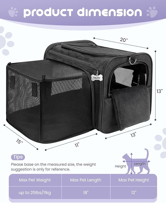 MIDOG Cat Carrier Soft for Small to Medium-Sized Cats,Up to 25 Lbs,TSA Airline Approved Soft Sided Pet Carrier,Collapsible Travel Cat Carry Bag(Black,20 inch x 13 inch x 13 inch)