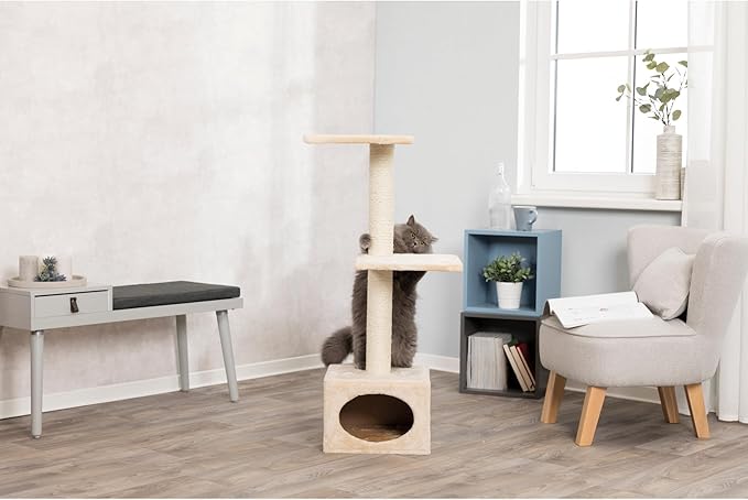TRIXIE Badalona 43" Cat Tree, 3-Level Sisal Cat Scratcher, Plush Covered Cat Condo with, Removable Cushions, Cat Bed