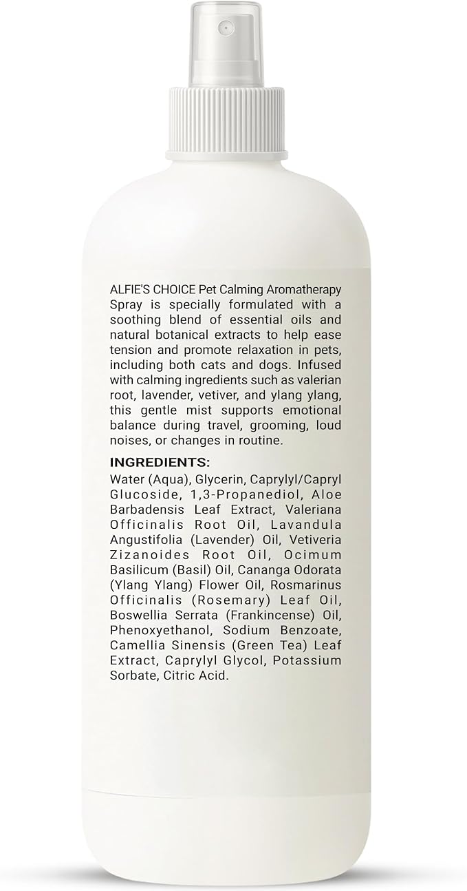 ALFIE'S CHOICE Pet Calming Aromatherapy Spray | 8 fl oz | for Cats & Dogs | Water Based Botanical Mist with Lavender, Ylang Ylang & Valerian | Promotes Calm and Relaxed Environment
