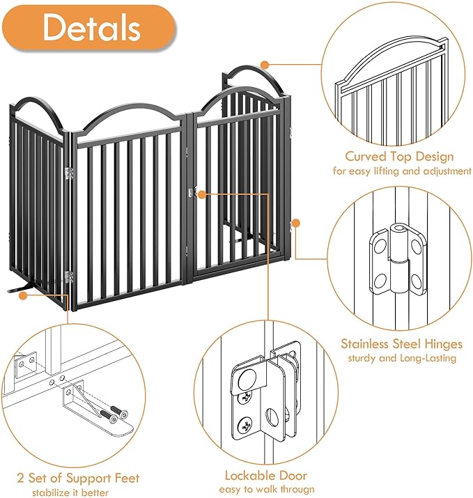 UDD Metal Folding Dog Gate Indoor 96" Extra Wide, 32" Tall Foldable Pet Gate with Door for Stairs Doorways Hallways Porch, Freestanding No Drilling Pet Fence for Dogs Puppy, Black 4-Panel