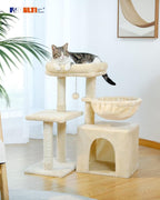 PEQULTI Small Cat Tree, [28.5''] Cat Tower for Indoor Cats, 2 Styles Activity Tree with Cat Scratching Posts, Big Hammock and Removable Top Perch Beige