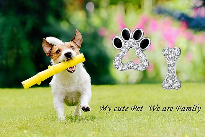 Paw Print Necklace Cat Puppy Paw Earrings Sterling Silver Hypoallergenic Dog Paw and Bone Friendship Cubic Zirconia Paw Set for Women Teen Girls