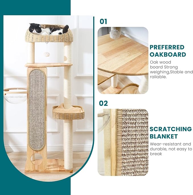59-inch Cat Tree，Cat Tower with Scratching Post,Extra Long Sisal Blanket, Handwoven Basket & Space Capsule Nest