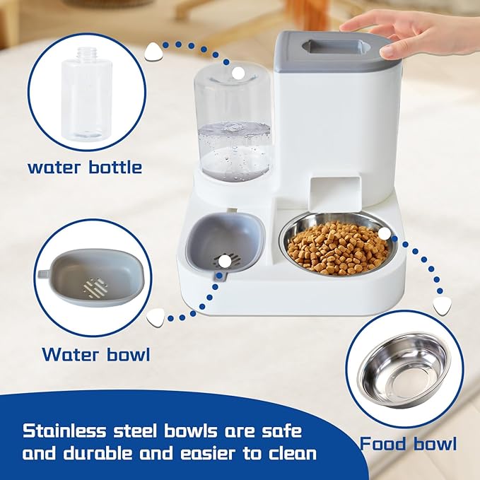 Automatic Cat Food and Water Dispenser Set 2 in 1, All-in-One Gravity Pet Feeder with Stainless Steel Cat Food Bowl Travel Auto Supply Feeder and Water Dispenser for Small Medium Cats Dogs (Gray)