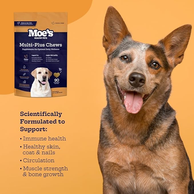 Moe’s 5-in-1 Essential Dog Multivitamin 90 Chicken Flavored Chews for Dog's Immune Support, Heart, Skin, Coat, & Overall Health- Vitamins A, B12, C, D, E, Antioxidants, Omega 3 for All Ages & Breeds
