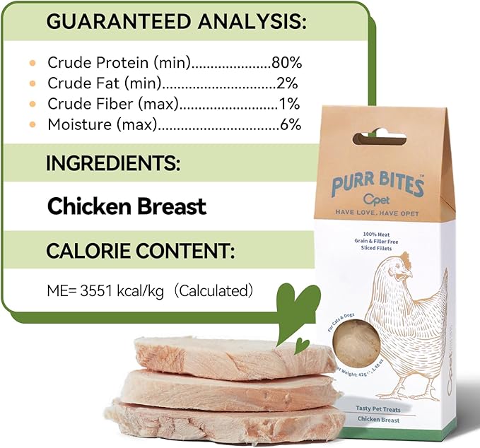 OPET Freeze Dried Chicken Cat Treats, Single Ingredient Grain Free High Protein Pet Food for Cats and Dogs, Healthy Training Snacks, Freeze Dried Cat Food (Chicken Breast, 1.48 Ounce)