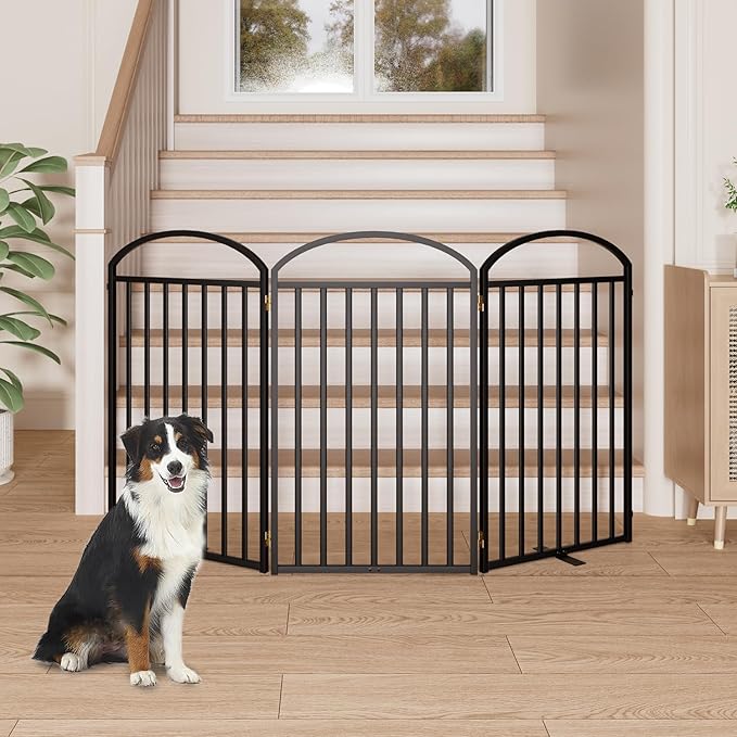 3 Panels Full Matel Freestanding Dog Gates with Door, 72"Extra Wide 36"Tall Free Standing Dog Pet Gate for Indoor & Outdoor. Foldable Pet Fences for Doorways, House, Stairs, Porch, Deck, Yard