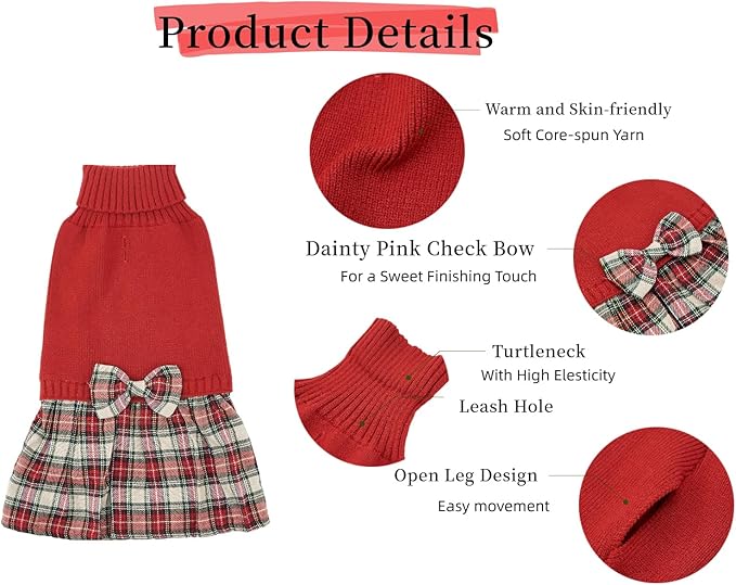 Lanyarco Burgundy Red Knitted Dog Sweater Dress, Plaid Dog Winter Clothes for Small Dogs Girl, Chihuahua Christmas Sweater, Maltese Cat Apparel, Red, X-Small (XS)