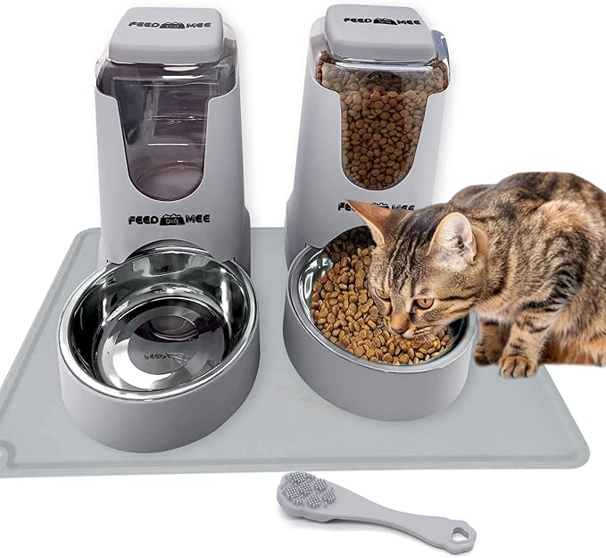 Automatic Cat Feeder Dog Water Bowl Dispenser – 2-Pack Automatic Dog Feeder with Silicone Mat, Pet Toothbrush – Safe Non-BPA Materials – Large Capacity for Small and Medium Animals Grey