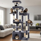 Heybly Heavy Duty Cat Tree, 71-Inch Tall Tower for Large Maine Coon with Extra-Large Baseboard, Cat Condo Furniture with Multi-Level Platforms, 2 Hammocks and 12 Scratching Posts, Smoky Gray HCT037G