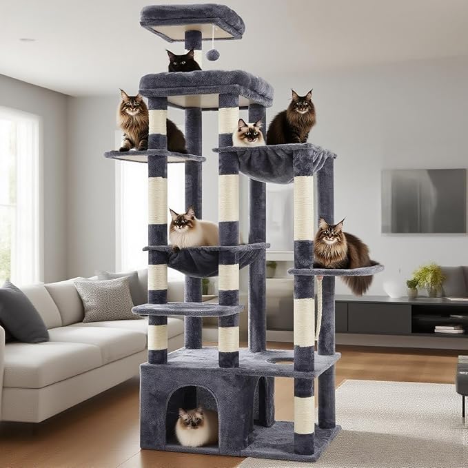 Heybly Heavy Duty Cat Tree, 71-Inch Tall Tower for Large Maine Coon with Extra-Large Baseboard, Cat Condo Furniture with Multi-Level Platforms, 2 Hammocks and 12 Scratching Posts, Smoky Gray HCT037G
