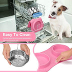 Slow Feeder Dog Bowls 3 in 1 Stainless Steel Dog Food and Water Bowls with Non-Spill Non-Skid Silicone Mat to Slow Down Eating for Large Medium Small Breed Size Dogs and Cats (Pink Blue)