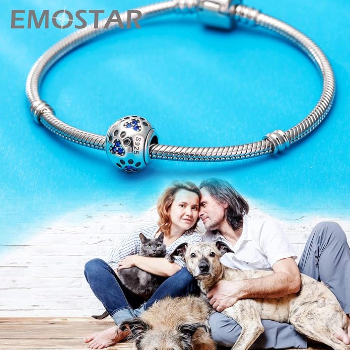 EMOSTAR Dog Paw Print Charms with Various Birthstone Crystals, 925 Sterling Silver Pawprint Beads for 3mm Snake Chain, Pet Lover Gifts for European Women Bracelet
