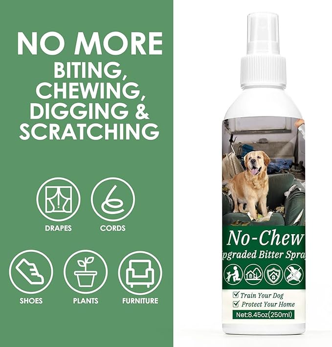 250ml No Chew Spray for Dogs, Bitter Apple Spray for Dogs Stop Chewing Licking of Furniture, Shoes, Bandages, Effective Indoor/Outdoor Dog Anti Chew Deterrent Training & Behavior Aids