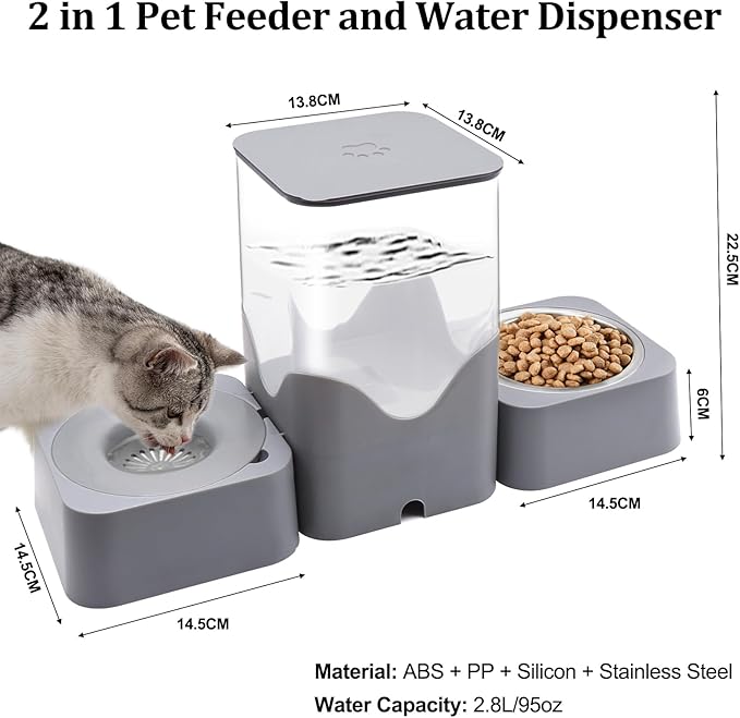 Pet Automatic Water Dispenser, 2.8L Water Dispenser with Stainless Steel Food Bowl, 2-in-1 Pet Feeder for Cats, Dogs, Rabbits