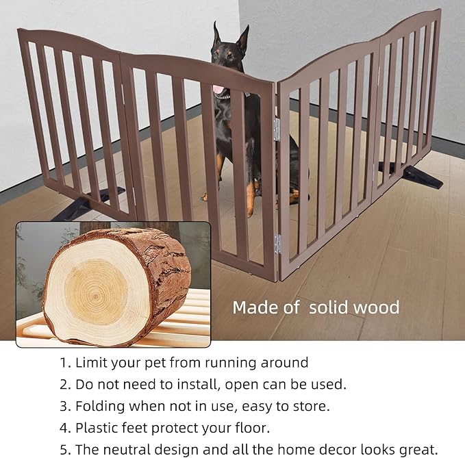 ZJSF Foldable Freestanding Indoor Dog Gate for House Wood Long Pet Gates Dog Fence for Stairs Puppy Gates for Hallways, Puppy Gate,Support Feet Included, Brown, 32 "Height-4 Panels