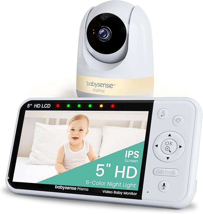 Babysense Prisma Baby Monitor with Camera and Audio, 5” HD Video Baby Monitor, 6-Color Night Light, Split Screen, Baby Sound Machine with White Noise & Lullabies, Secure No WiFi