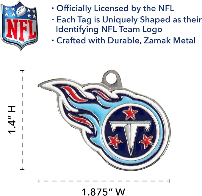 NFL Tennessee Titans Engraving Pet ID Tag in 32 Team Logo Shapes - Personalized Dog and Cat Tags With 3 Lines of Customizable Text for Tracking & Safety - Stainless Steel