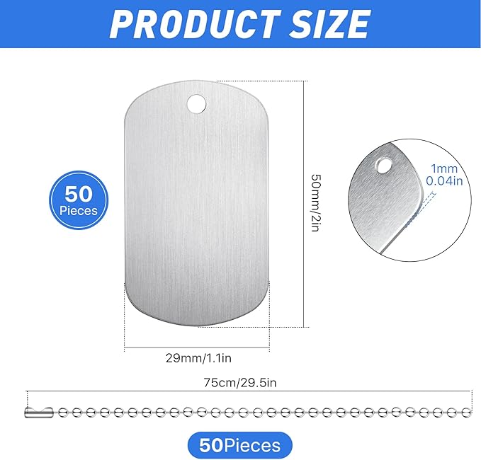 100Pcs Military Dog Tags, Rectangle Blank Metal Stamping Tags Set Including 50Pcs Aluminum Blank Dog Tags 50Pcs Ball Steel Chains Personalized Pets Tags for DIY Decorative Craft (Sliver)
