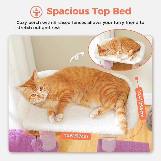 Cat Tree for Indoor Cats with Metal Frame Carpet Hammock, 32" Cute Cat Tower with Cozy Condo, Top Perch, Scratching Posts, and Replaceable Ball Toy, Pet Furniture for Small Cats & Kittens, Purple