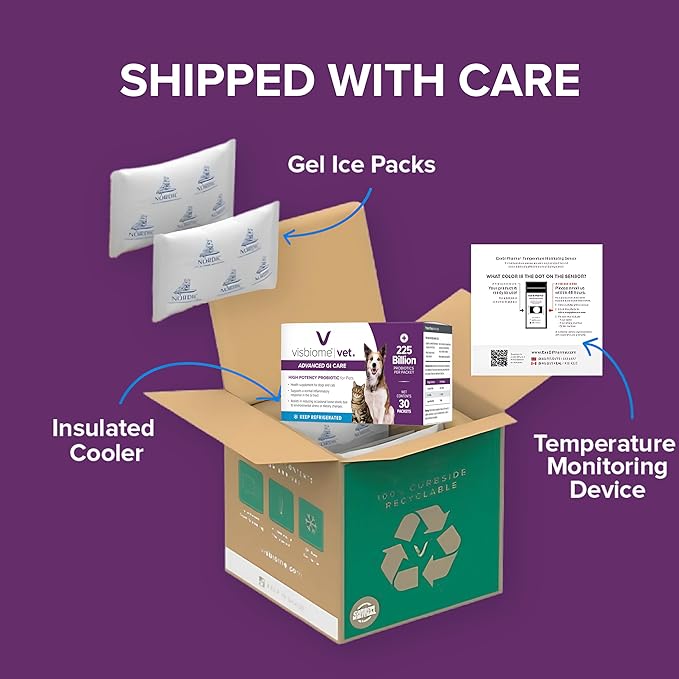 Visbiome® Vet Advanced GI Care High Potency Probiotic for Dogs & Cats – 225B CFU, 8-Strain Formula – Refrigerated, Veterinarian Recommended, Clean Label Certified – 90 Packets