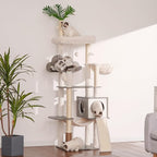 Heybly Wood Cat Tree for Indoor Cats, Cat Condo for Large Cats with Self Groomer, Modern Cat Scratching Tower with Basket, Hammock, Dangling Ball and Leaves, Rustic Gray HCT120SG