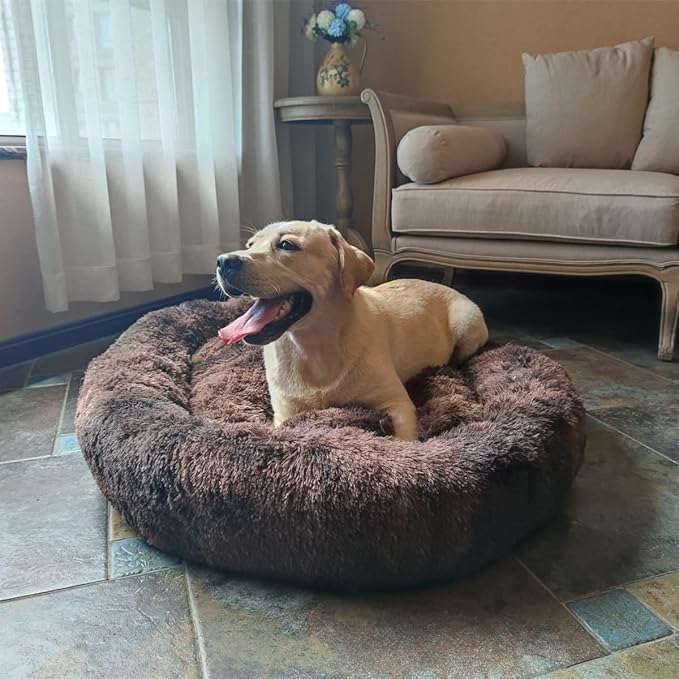 Coohom Oval Calming Donut Cuddler Dog Bed,Shag Faux Fur Cat Bed Washable Round Pillow Pet Bed(30"/36") for Small Medium Dogs (XXL(43"x34"x8"), Brown2021)