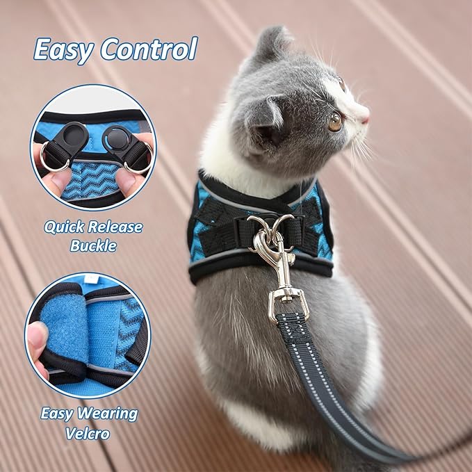 Cat Harness and Leash Set for Walking and Small Dog Soft Mesh Harness Adjustable Vest with Reflective Strap Comfort Fit for Pet Kitten Puppy Rabbit （Blue Stripe,XS）