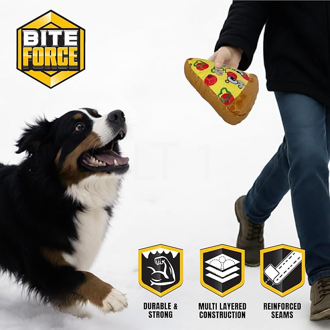 Bite Force -Durable & Strong Dog Toy Pizza Slice with Squeaker, Kevlar-Reinforced for Aggressive Chewers for Small Medium Large Dogs - Yellow.