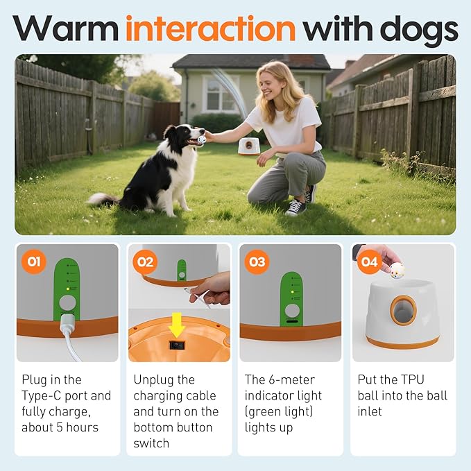 Automatic Ball Launcher for Dogs - Dog Ball Thrower Launcher with 3 Etpu Sphere, 3 Adjustable Distances (20ft/33ft/46ft), Interactive Thrower Machine, Mental Stimulation Dog Toys