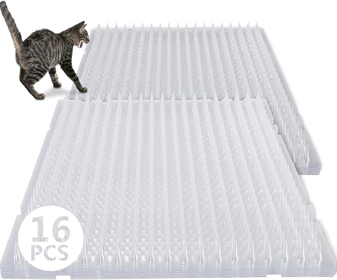 16 Pack Cat Repellent Outdoor Mat Cats Dogs Plastic Bendable Spiked Deterrent Training Repellent PET Mats with Spikes for Indoor Outdoor Supplies, 18.3 Square Feet, 16 x 13 Inch(Clear)