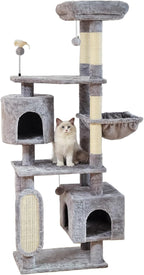 Hoopet 70-Inch Large Cat Tree for Multiple Cats Cat Tower with 2 Condos, Scratching Posts, Hammock & Platform, Plush Perch for Indoor Activity Relaxing Easy Assembly Grey
