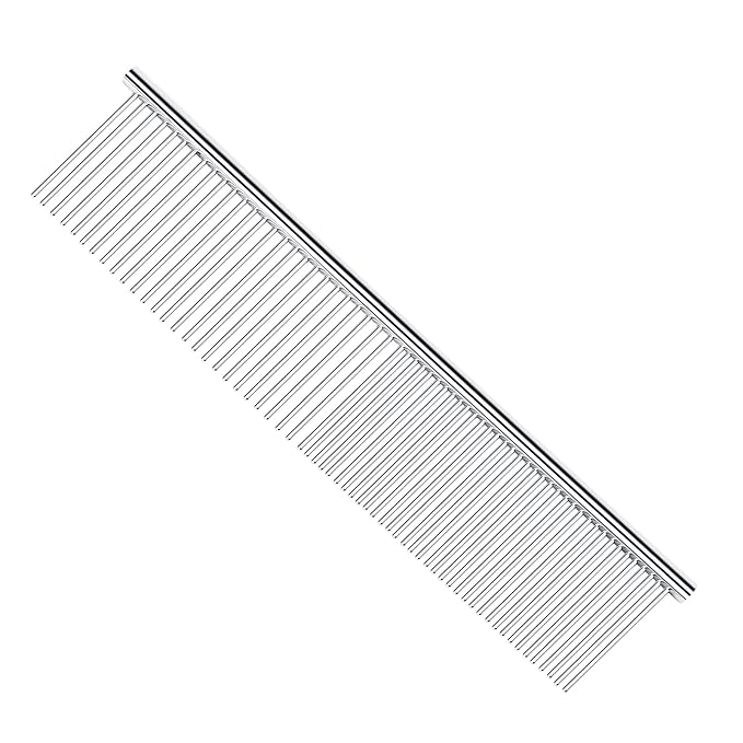 PETTOM Pet Steel Grooming Tool Poodle Finishing Butter Comb 7 1/2-inch L Silver Dog Combs with Rounded Ends Stainless Steel Teeth, Cat Comb for Removing Tangles and Knots