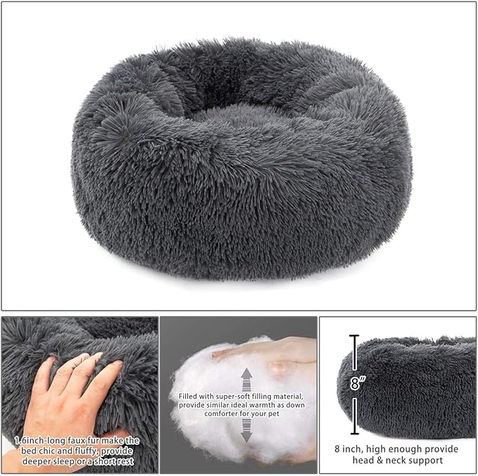 Calming Donut Dog Bed XL, Plush Round Cuddler Dog & Cat Cushion Bed, Anit-Anxiety Marshmellow Fluffy Faux Fur, Self-Warming Comfy Cozy Pet Bed (32", Deep Grey)