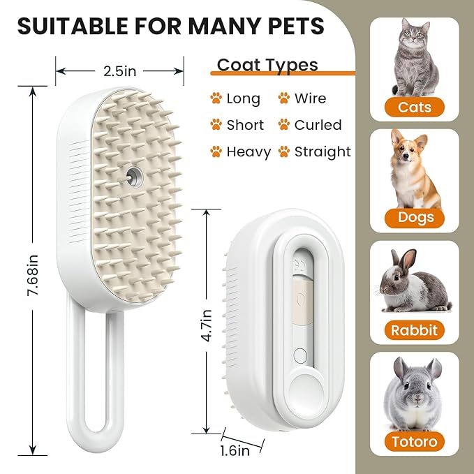 4 in 1 Cat Steam Brush for Shedding, Rechargeable Steam Brush with Foldable Handle, for Cats and Dogs Massaging and Cleaning, Multifunctional Hair Removal Comb (White)