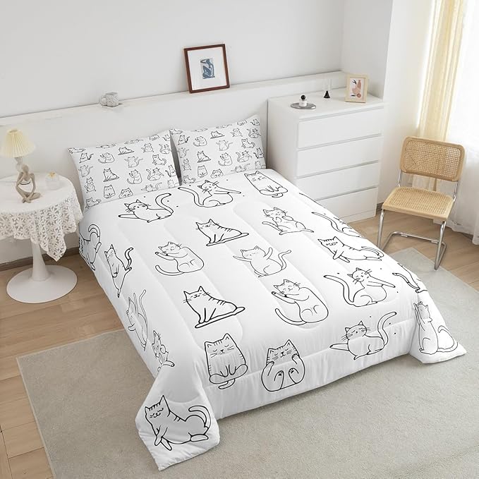 Erosebridal Cute Cat Bedding Full for Girls Boys Kids Funny Animal Comforter Set, Kawaii Pet Bedding Comforter Sets White Kitten Duvet Insert, Yoga Ballet Dance Quilted Comforter Decoratives 3 Pieces
