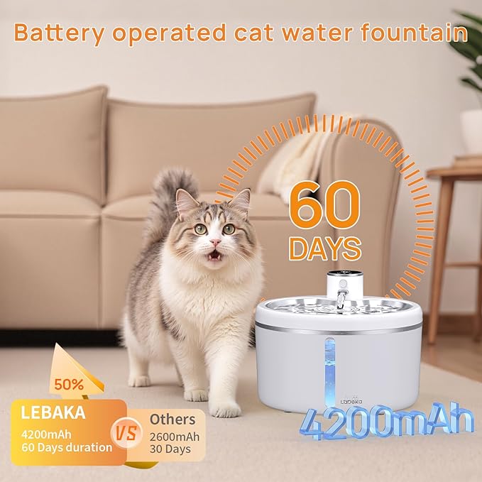 Wireless Cat Water Fountain with Stainless Steel Tray, Battery Operated Cat Fountain - 102oz/3L Automatic Pet Water Dispenser, Easy Clean with Motion Sensor for Cats, Dogs-2Filters