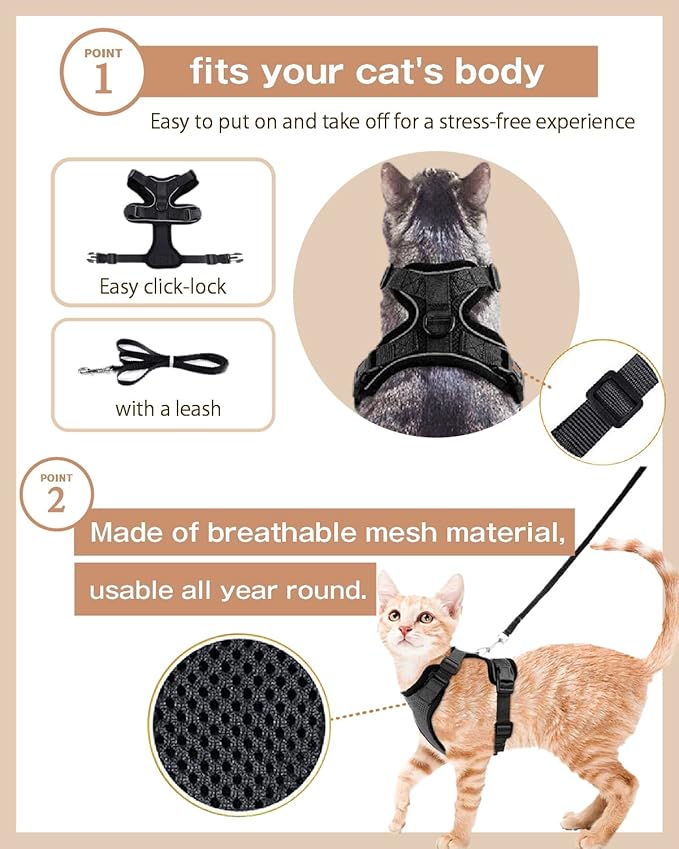 Cat Harness Escape Proof with Leash for Walking, Travel Vest Soft Chest Support, Adjustable Size, Escape Proof Soft Adjustable Vest Harnesses, Breathable, Kittens, Small Dogs (美/背縄/橙1/XS)