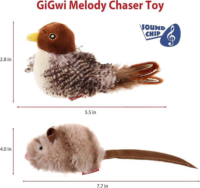Gigwi Chirping Bird Cat Toy Set, Interactive Chasing Toy for Indoor Cat, Motion Activated Kitten Play Toys, Squeaky Cats Animal Feather Toy for All Breeds Cats Kicker