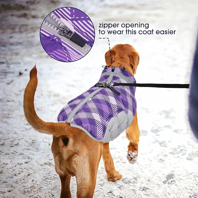 FUAMEY Dog Coat for Small Dogs,Waterproof Dog Winter Jacket with Harness Built in Puppy Cold Weather Coats Reflective Pet Vest with Zipper Warm Fleece Dogs Snowsuit Windproof Purple Plaid S
