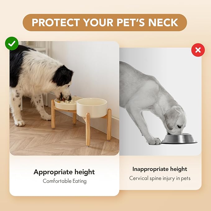 Ceramic Raised Slow Feeder Dog Bowl Set, Elevated 7.3inch Bowl and 8.2inch Slow Pet Food Dish with Wooden Stand for Medium and Large Dog (2 x Beige+ Stand)
