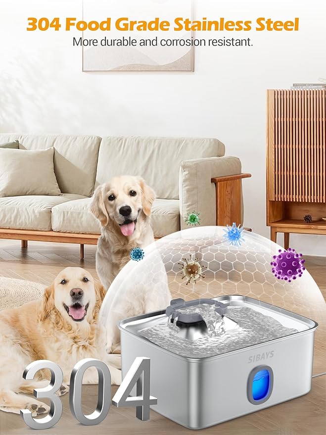 SIBAYS 4Gal/15L Large Dog Water Fountain, Stainless Steel Pet Fountain with Water Window & LED Light, Ultra Quiet Automatic Dog Water Bowl Dispenser for Large Dogs & Multi-pet, Easy to Clean(FS76)