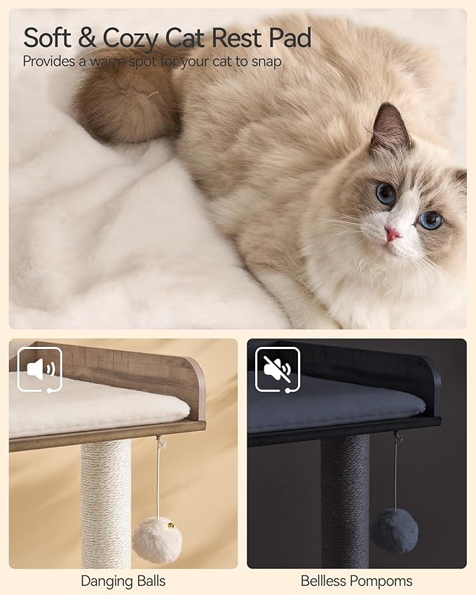 FourFurPets 43.7" Cat Tree, Modern Cat Tree Tower, Cat Tower for Indoor Cats Large Adult, Cat Condo with Scratching Post, Large Perch and Removable Pads, Greige